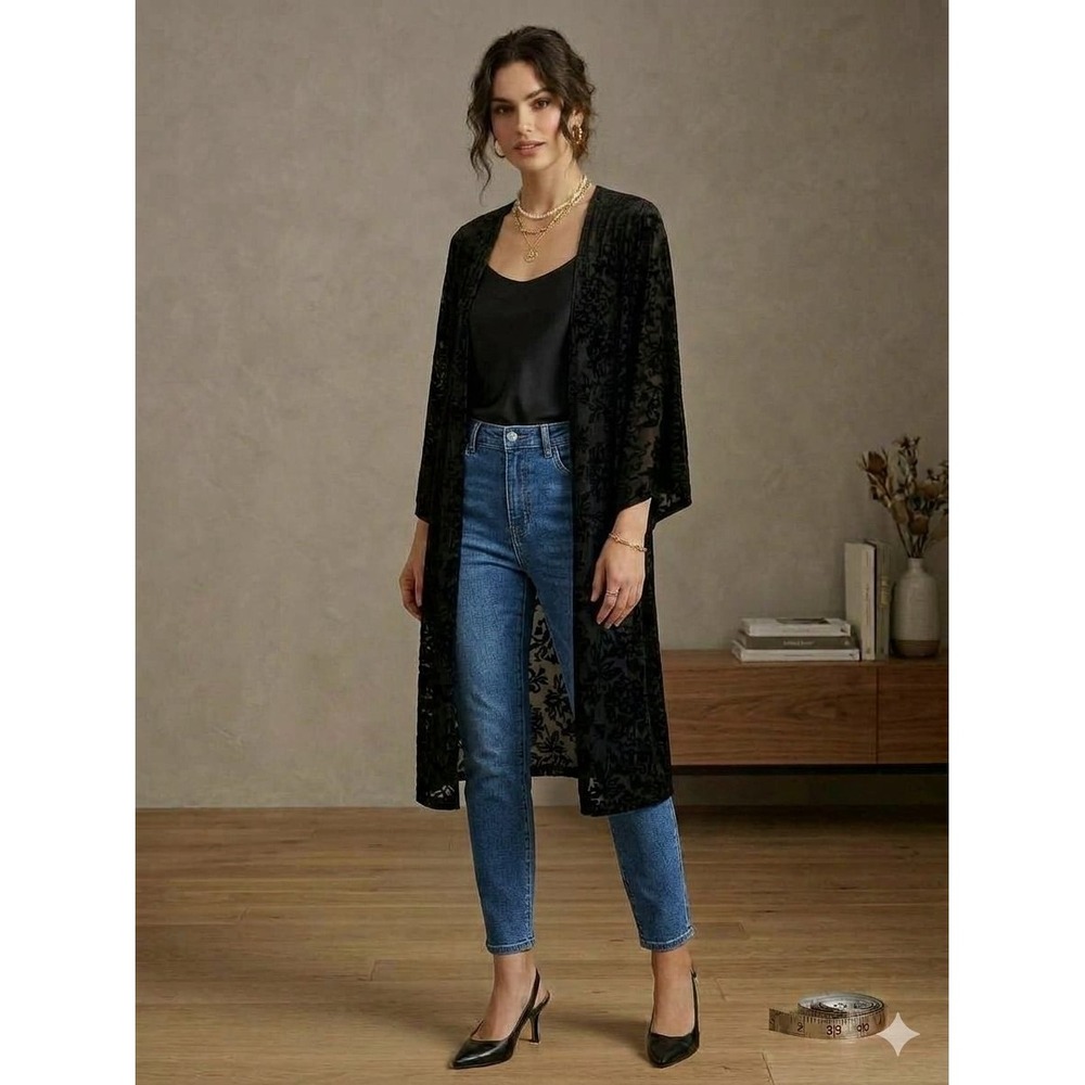 Knox Rose Black Velvet Burnout Floral Kimono Wrap Cardigan Duster Open Front XL